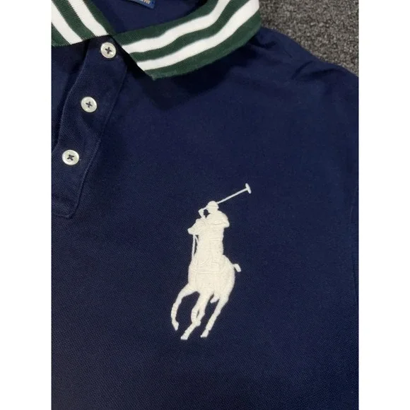 Polo Ralph Lauren Shirt 2XL Navy Blue Stripe Crest Big Pony Rugby Custom Slim - Picture 5 of 9